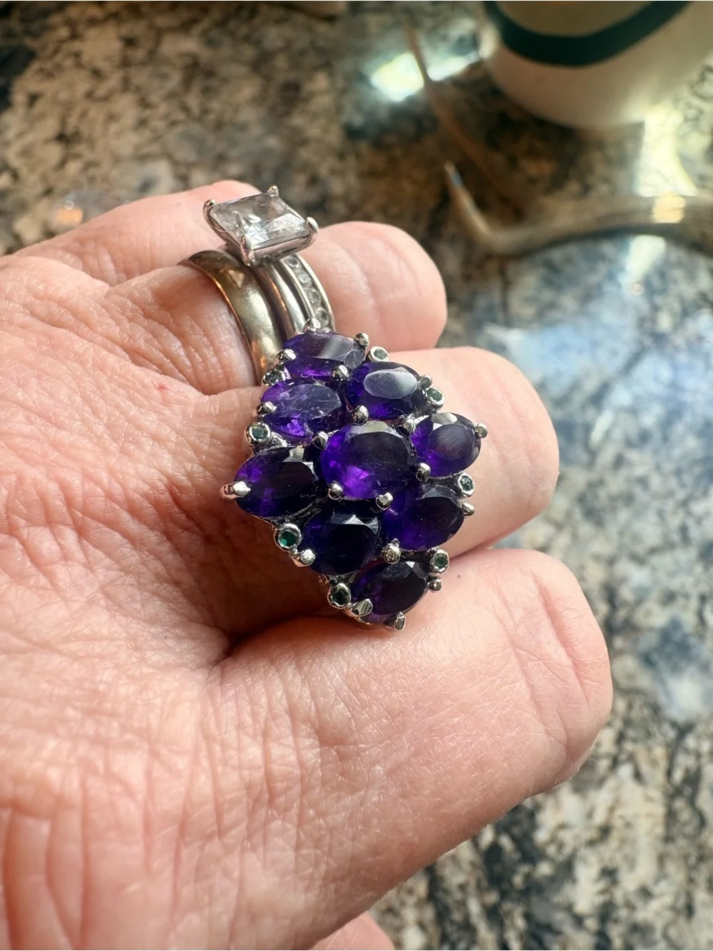 Sterling Silver Cluster Amethyst Ring - Purple